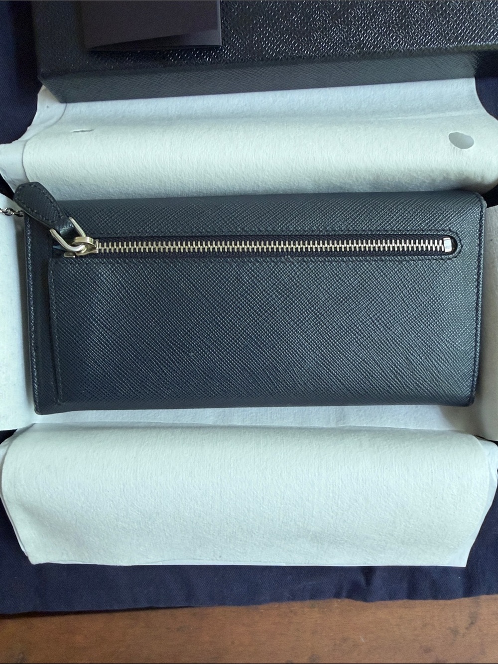 Prada Navy Blue Baltico Saffiano Leather Continental Wallet with Gold Logo - Picture 11 of 16